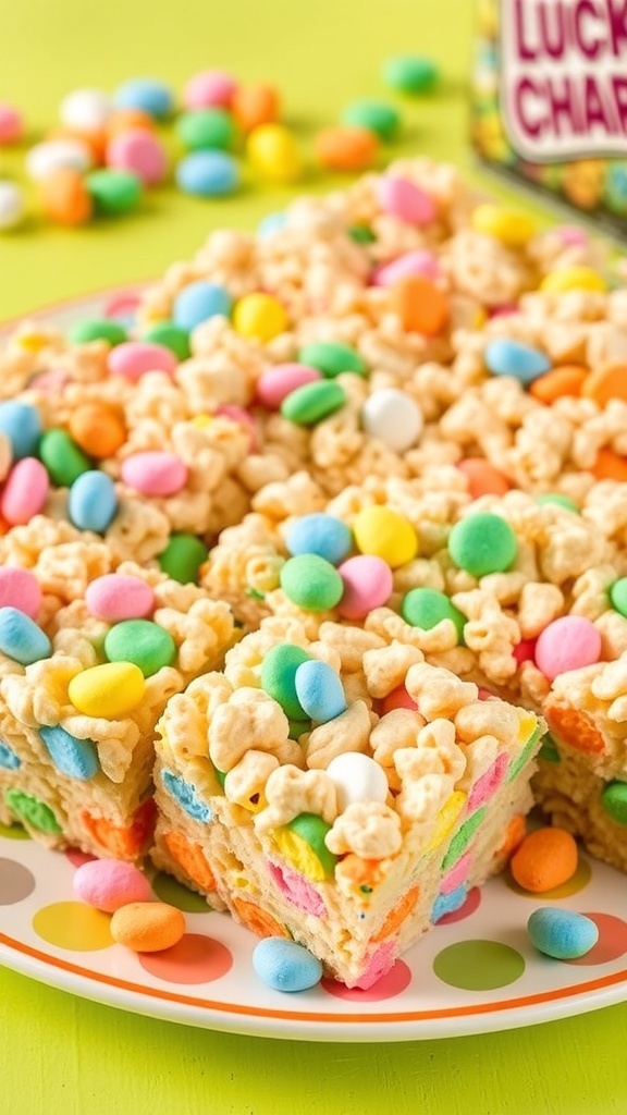 Colorful Lucky Charms Rice Crispy Treats on a plate with scattered cereal pieces.